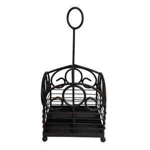 Black Wrought Iron Utensil Or Condiment Holder With Handle 12” Tall Kitchen Orga